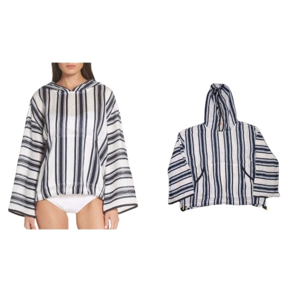 Tory Burch Womens Baja Hoodie Blouse Size S/P White Navy Blue Striped 100% Linen